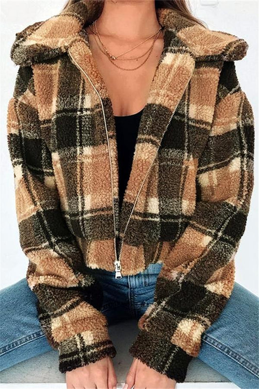 elveswallet Plaid Faux Fur Cropped Biker Down Jacket