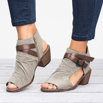 elveswallet Plus Size Sandals Canvas Peep Toe Zipper Sandals