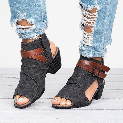 elveswallet Plus Size Sandals Canvas Peep Toe Zipper Sandals