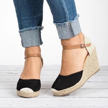 elveswallet Plus Size Wedges Ankle Strap Espadrilles Wedges Sandals