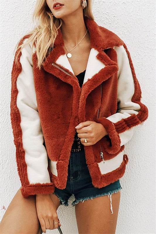 elveswallet Plush Faux Fur Zipper Jacket - Red