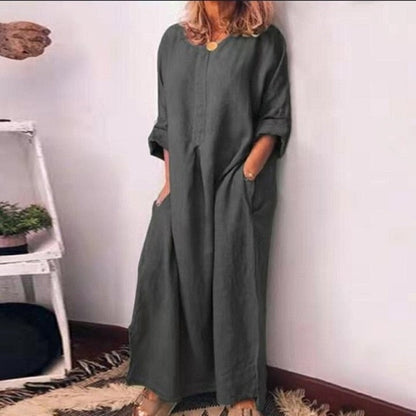 Cotton Linen Women Dress Loose Waist Solid Office Lady Dress O Neck Pocket Women Dress Ankle Length Dress Vestido Plus Size 5XL