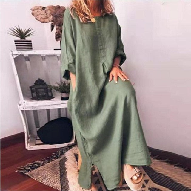 Cotton Linen Women Dress Loose Waist Solid Office Lady Dress O Neck Pocket Women Dress Ankle Length Dress Vestido Plus Size 5XL