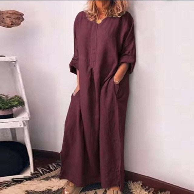 Cotton Linen Women Dress Loose Waist Solid Office Lady Dress O Neck Pocket Women Dress Ankle Length Dress Vestido Plus Size 5XL