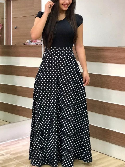 Long Maxi Dress Elegant Print Party Dress Polka Dot Dress Women Spring Short Sleeve Dress Ladies Big Size Dress 5XL Plus Size