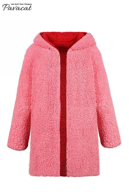 elveswallet Reversible Faux Lambswool Thick Jacket - Pink/Red