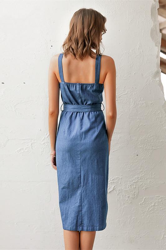 elveswallet Sleeveless Button Long Denim Dress