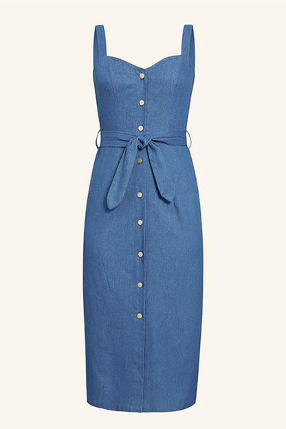 elveswallet Sleeveless Button Long Denim Dress