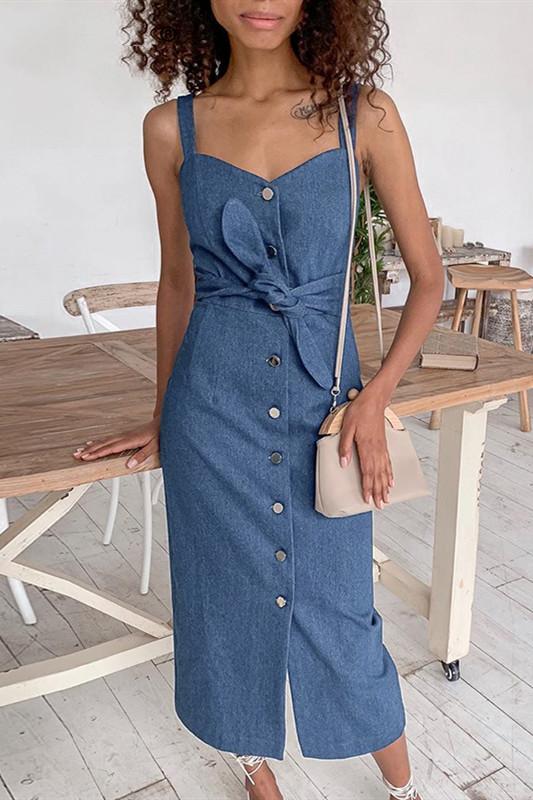 elveswallet Sleeveless Button Long Denim Dress