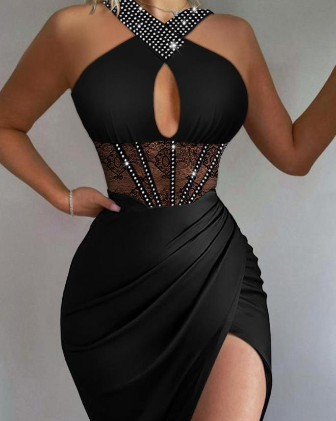 Fashion Women Solid Black Sleeveless Ruched High Slit Contrast Lace Corset Dress Halter Sexy See Through Dress Sexy Robes