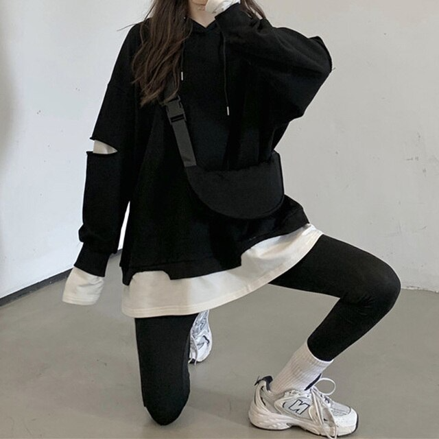 Stylish Fake Two Pieces Loose Long Sleeves Hoodies Blouses