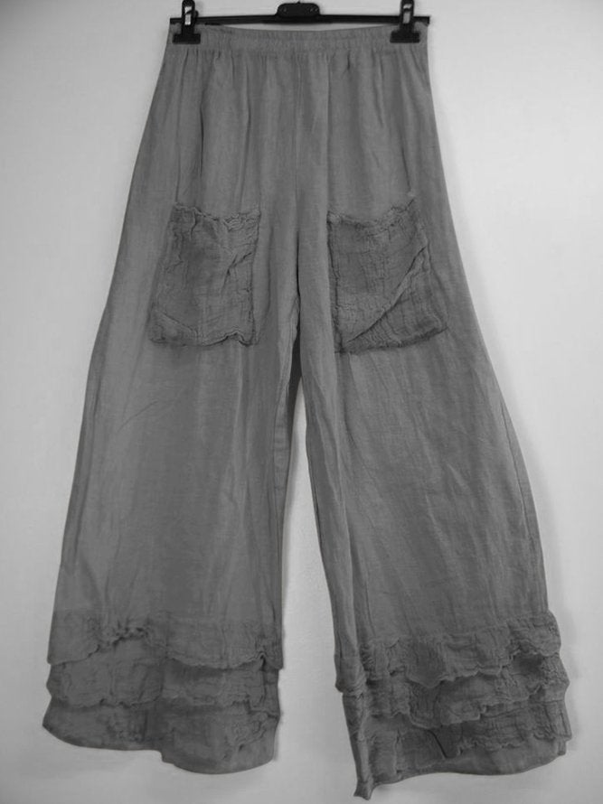 Womens Solid Color Ruffled Hem Linen Pants With Pockets