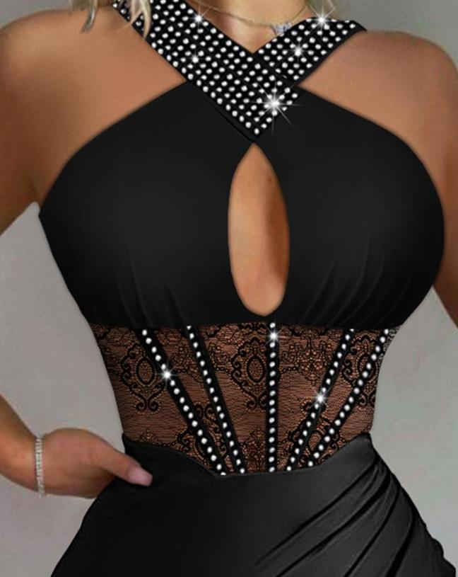 Fashion Women Solid Black Sleeveless Ruched High Slit Contrast Lace Corset Dress Halter Sexy See Through Dress Sexy Robes