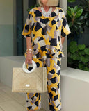 Geometric Pattern Printing Casual Flounced Two-piece Suits