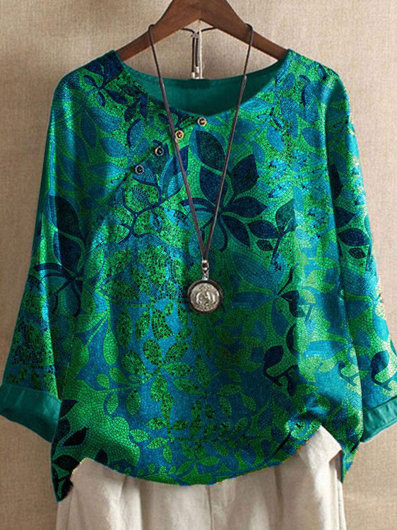 Leaf Print Casual Round Neck Top