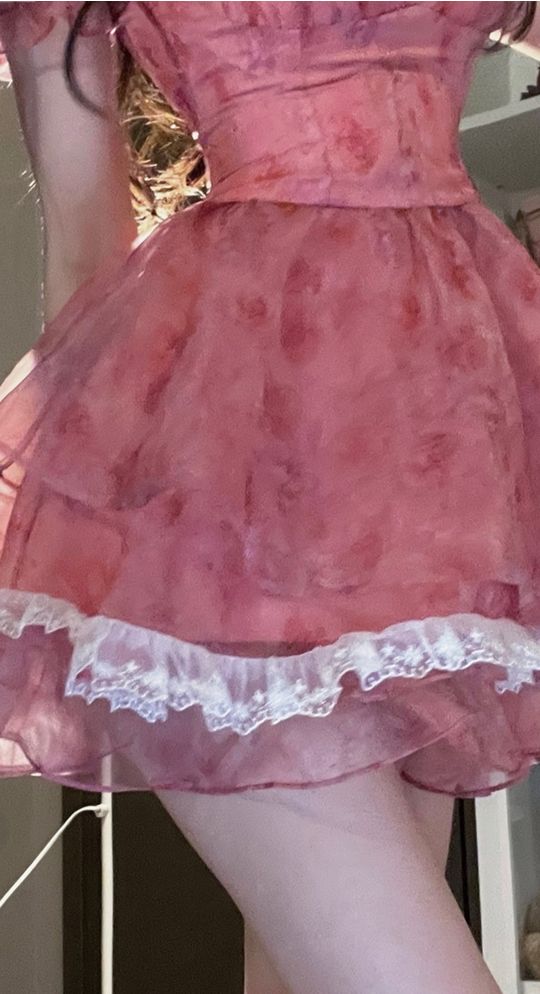 Pink Floral Short Party Dress Sexy Lace Puff Fairy Kawaii Clothing Mini Dress Fashion Birthday Lolita Dress Women Summer