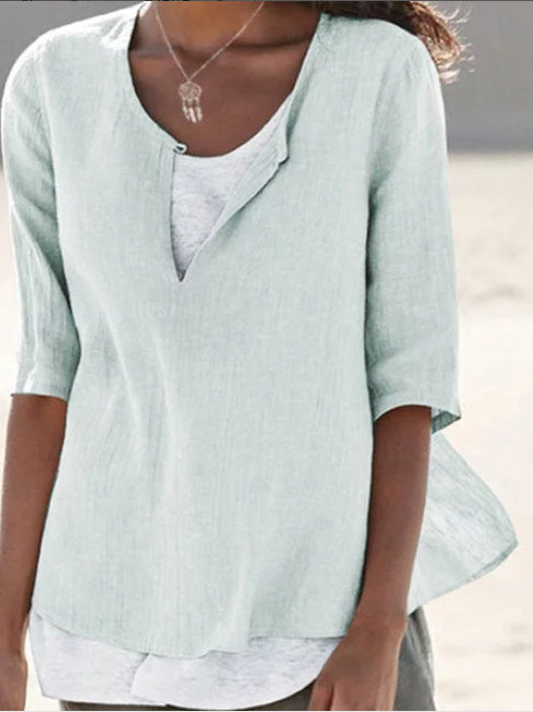 ElveswalletWomen's Loose Short-Sleeved Solid Color Linen Top