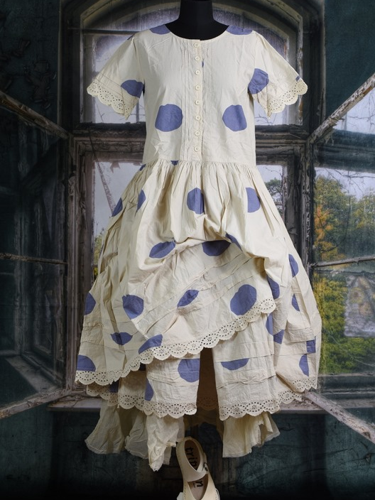 Cotton Linen Polka Dot Print Lace Trimmed Dress