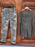 Square Collar Knitted Top And Camouflage Pants Set