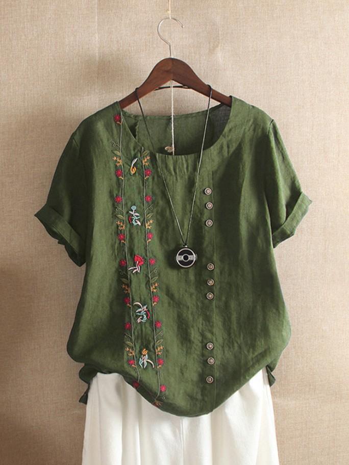 Loose Embroidered Round Neck Short-Sleeved T-Shirt