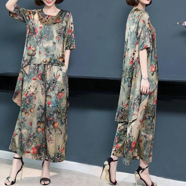 Floral Printing Ice Silk Retro Two-piece Suits