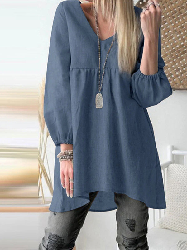 Women's Solid Color V Neck Long Sleeveds Asymmetric Hem Casual Shirt Linen Top