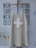 ElveswalletWomens Cross Printing Ruffled Hem Casual Linen Slip Dress