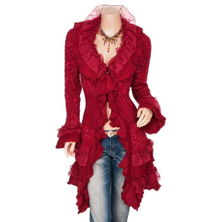 Cardigan Sweater Women's Knitted Single-breasted Lace Bell Sleeve Mid-length Coat