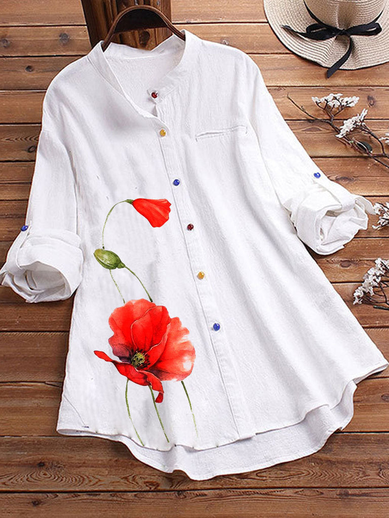 Elveswallet Button-Down Long Sleeve Printed Long Type Linen Shirts