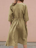 ElveswalletWomen's Loose Round Neck Tie Up Solid Color Linen Dress