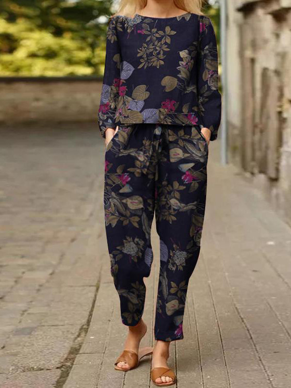 Plants Print Casual Long Sleeve And Trousers Set