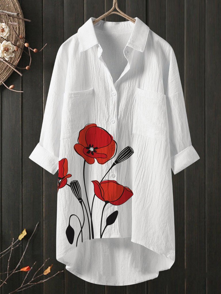 Elveswallet Floral Print Cotton Hemp Shirt Women Blouse
