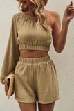 One-Shoulder Balloon Sleeve Crop Top and Shorts Set