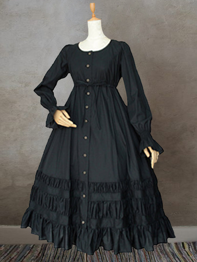 ElveswalletCotton Linen Vintage Buttoned Flounce Dress