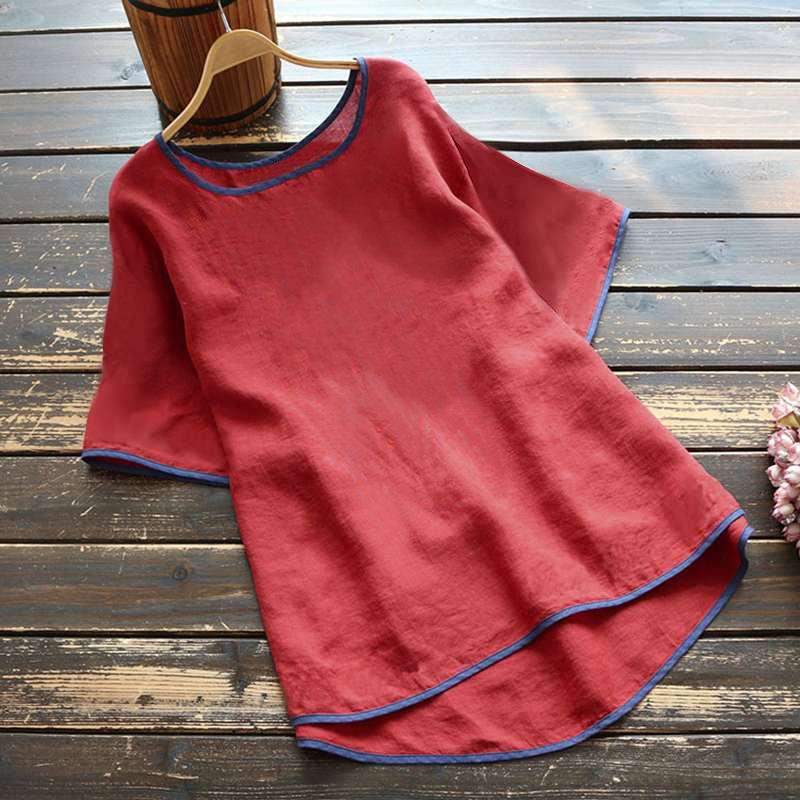 Large Blouse With Loose Crew Neck And Short Sleeves