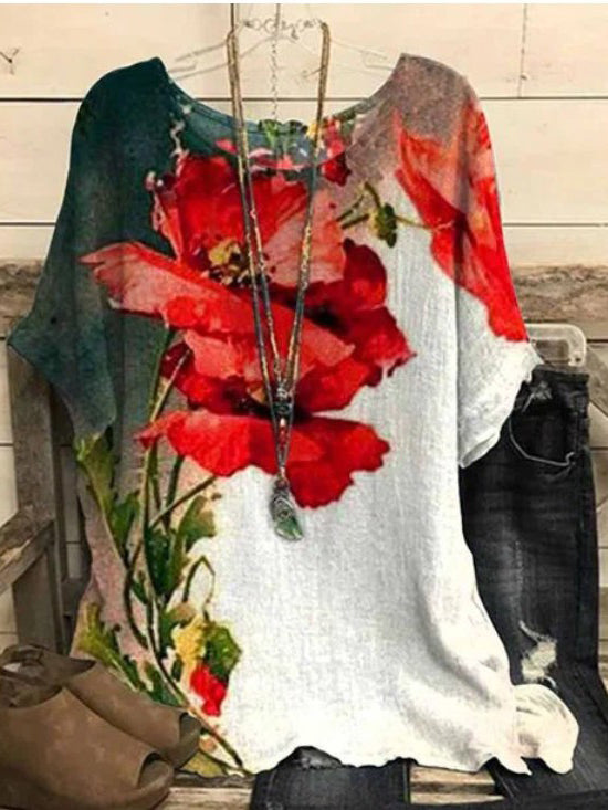 Floral Casual Loose Doll Sleeve Crew Neck Tops