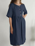 ElveswalletLoose Round Neck Short Sleeve Pocket Solid Color Linen Dress