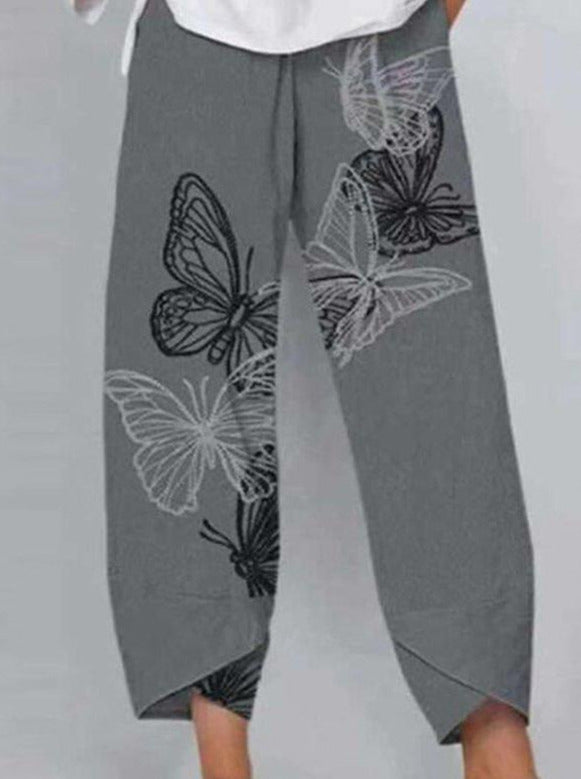 Mid Waist Butterfly Print Pocket Linen Straight Leg Lounge Pants