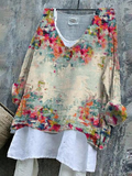 Gradient Color Printed V Neck Long Sleeve Top