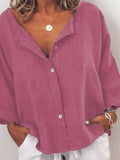 Women's Cotton Linen Contrast Button Collarless Shirt