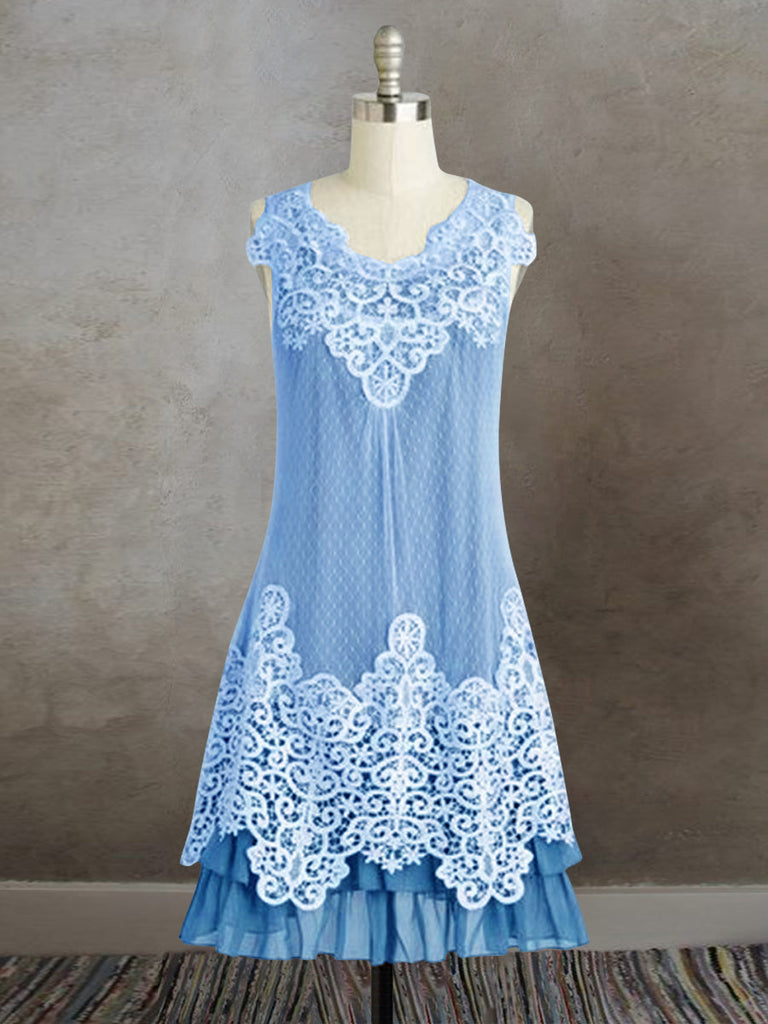 Elveswallet Women's Lace Surface Sleeveless Casual Linen Dress