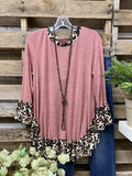 Animal Print Trim At Neck On Ruffled Sleeves Cotton-Blend Tops