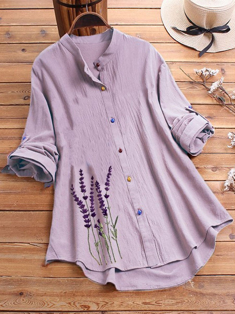 Women'S Cotton Linen Casual Floral Print Shirt