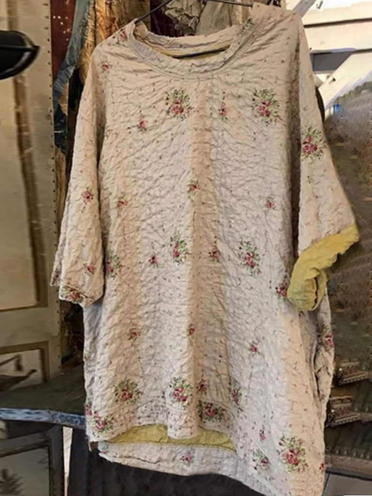 ElveswalletWomen's Floral Print Linen Crew Neck Short-sleeved Casual Top