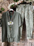 Elveswallet Army Green Retro V Neck Floral Cotton Blended Suits