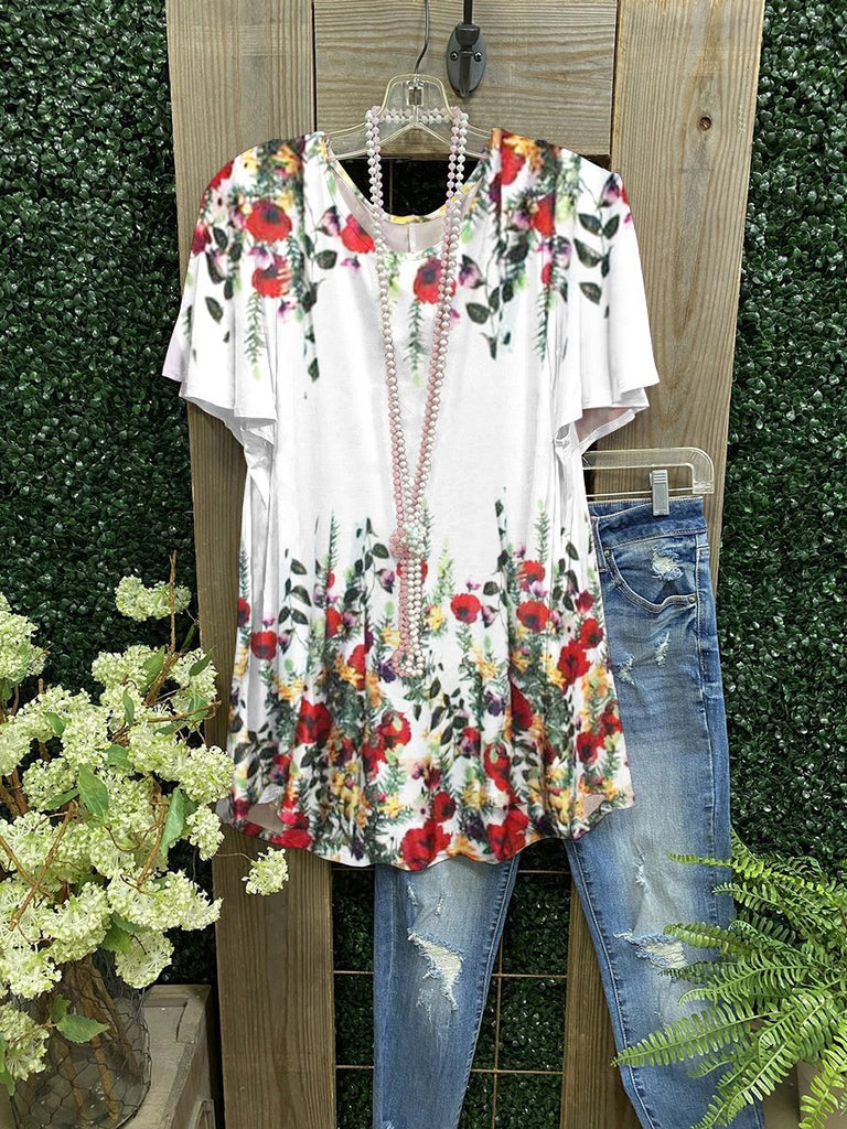 Elveswallet Casual Style Round Neck Contrasting Color Floral Top