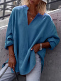 ElveswalletWomen's Solid Color V Neck Long Sleeved Casual Linen Top