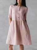 ElveswalletLoose Round Neck Short Sleeve Pocket Solid Color Linen Dress