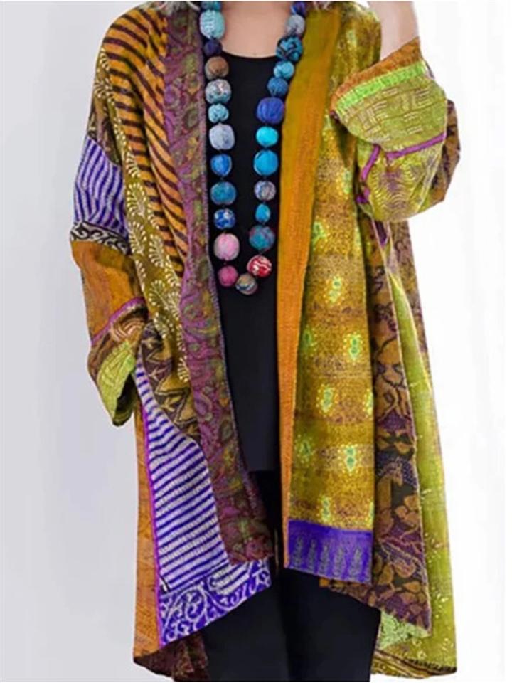 Ethnic Style Striped Printed Cotton Linen Midi Length Coat