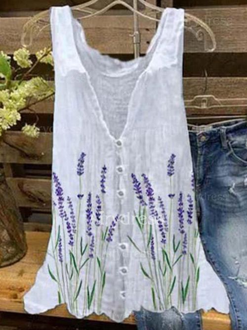Casual V Neck Floral Printed Sleeveless Linen Top